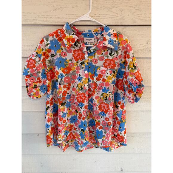 AnnieWear Los Angeles Floral Button Down Blouse Size S Colorful Spring Top - Picture 2 of 7